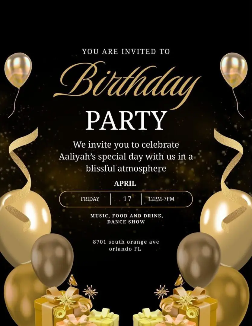 Birthday party invitation with gold balloons