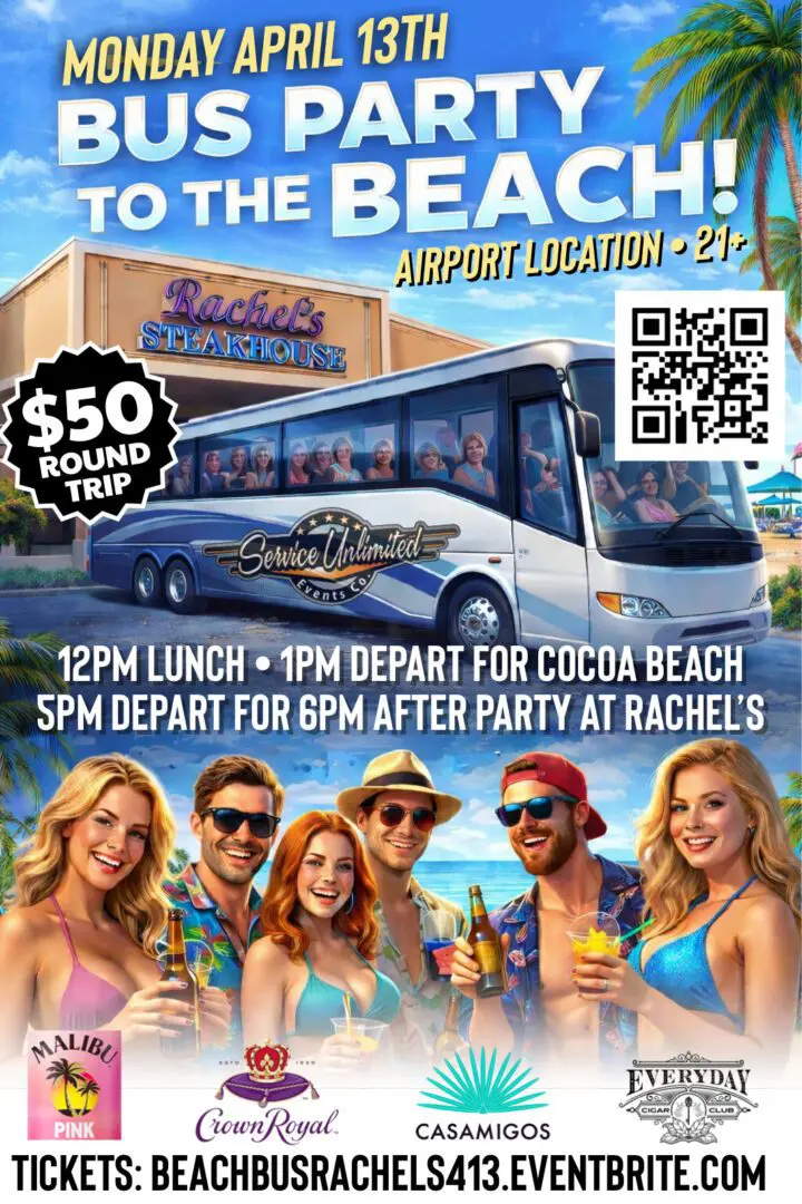 Bus party beach trip advertisement